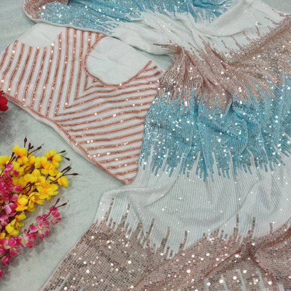 INDIAN PAKISTANI WEDDING DESIGNER SAREE BLOUSE NEW SARI BOLLYWOOD PARTY WEAR - Picture 5 of 6